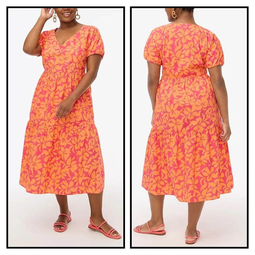 JCrew Pink Orange Tropical Floral Tiered Midi Boho V-Neck Vacation Dress Size 8 - Picture 8 of 8